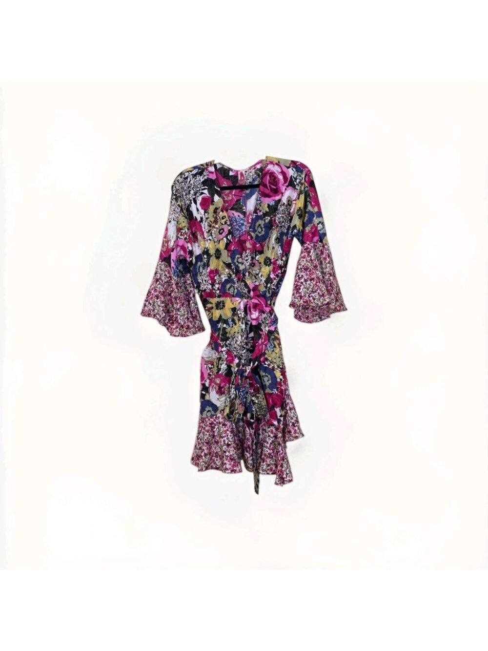 Pinkerton Silk Wrap Dress L Multi Mixed Floral Bell SS Boho Chic Ruffle Cottage